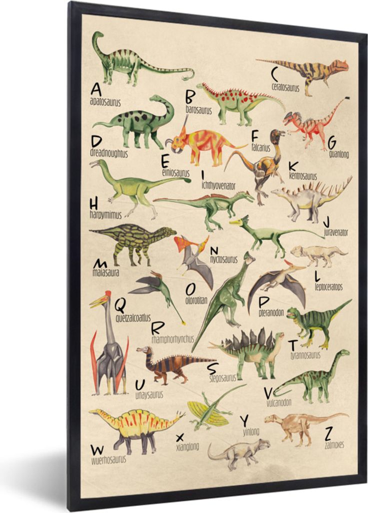 MuchoWow Gerahmtes Poster Alphabet - Dinos - Kinderzimmer - Jungen - Mädchen - Kinder 20x30 cm - Poster mit Schwarzem Bilderrahmen Wandposter Ra...