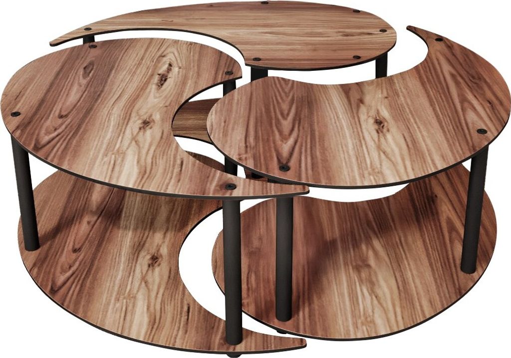 A modern, multi-tiered coffee table with a unique yin-yang inspired design, featuring a wood-grain finish and black metal legs, presented against a plain white background.