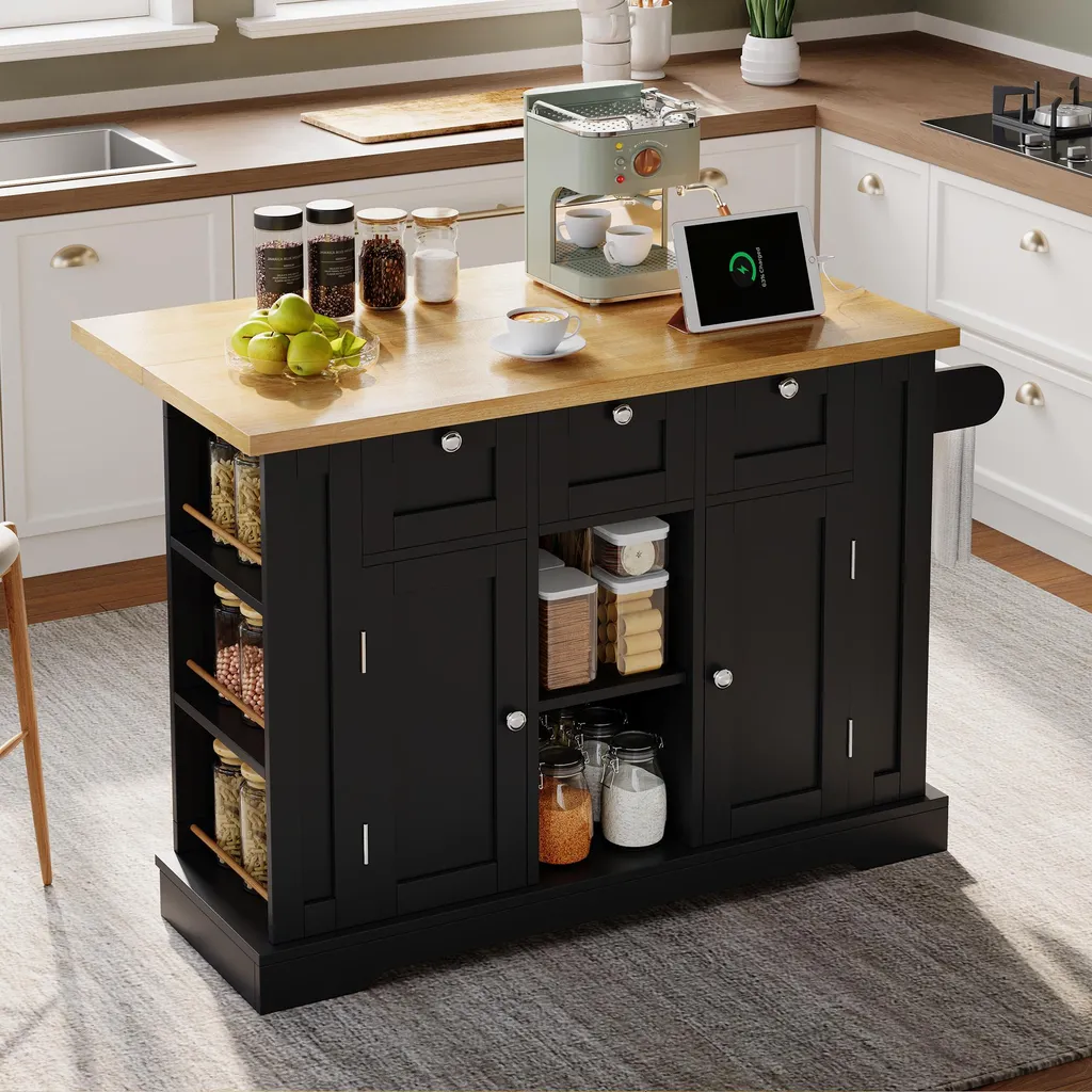 Table de Cuisine Mobile Rustique 132cm avec Prise et Plateau Rabattable