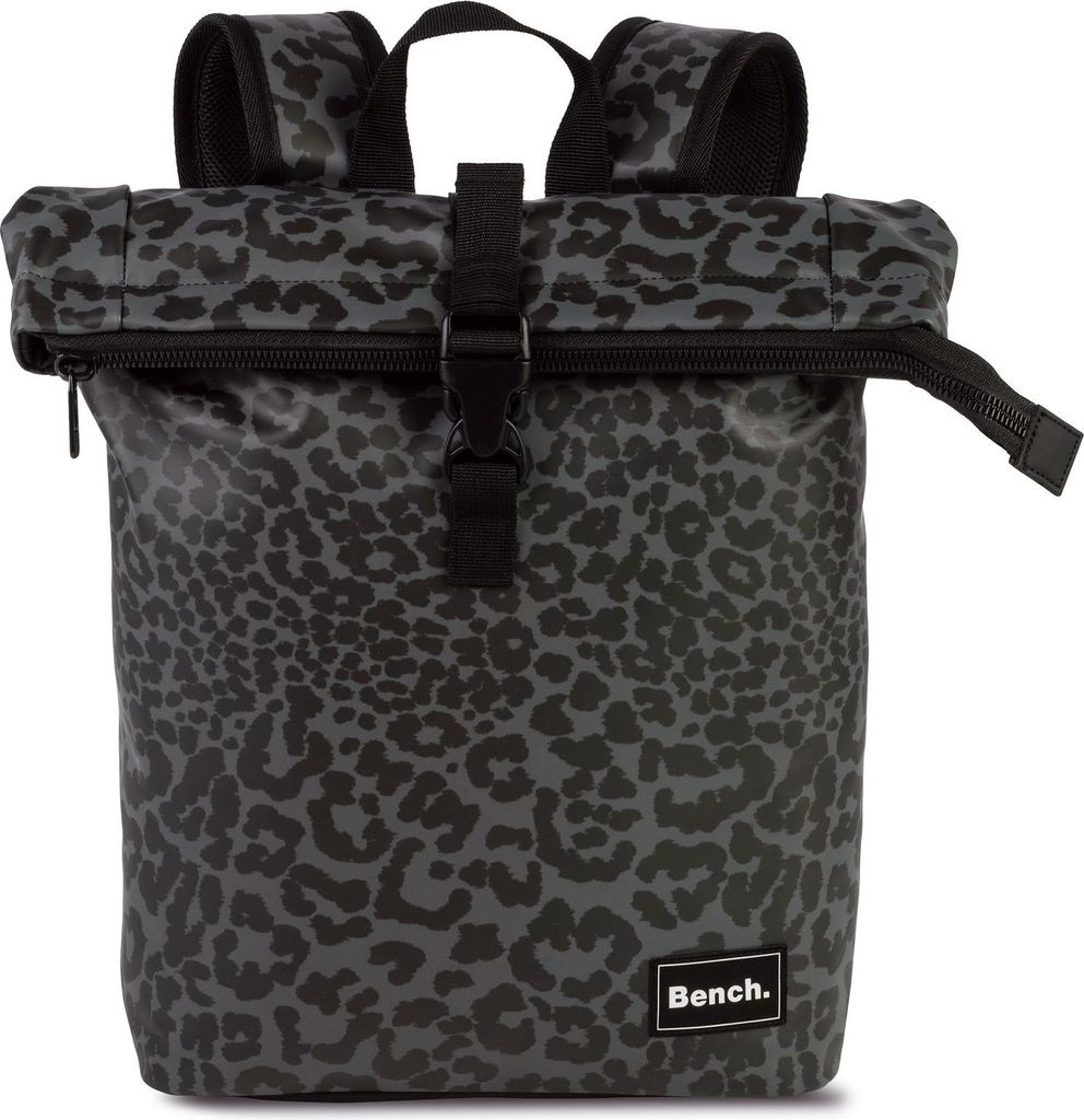 A close-up studio shot of a Bench hydro rucksack with a leopard print.
