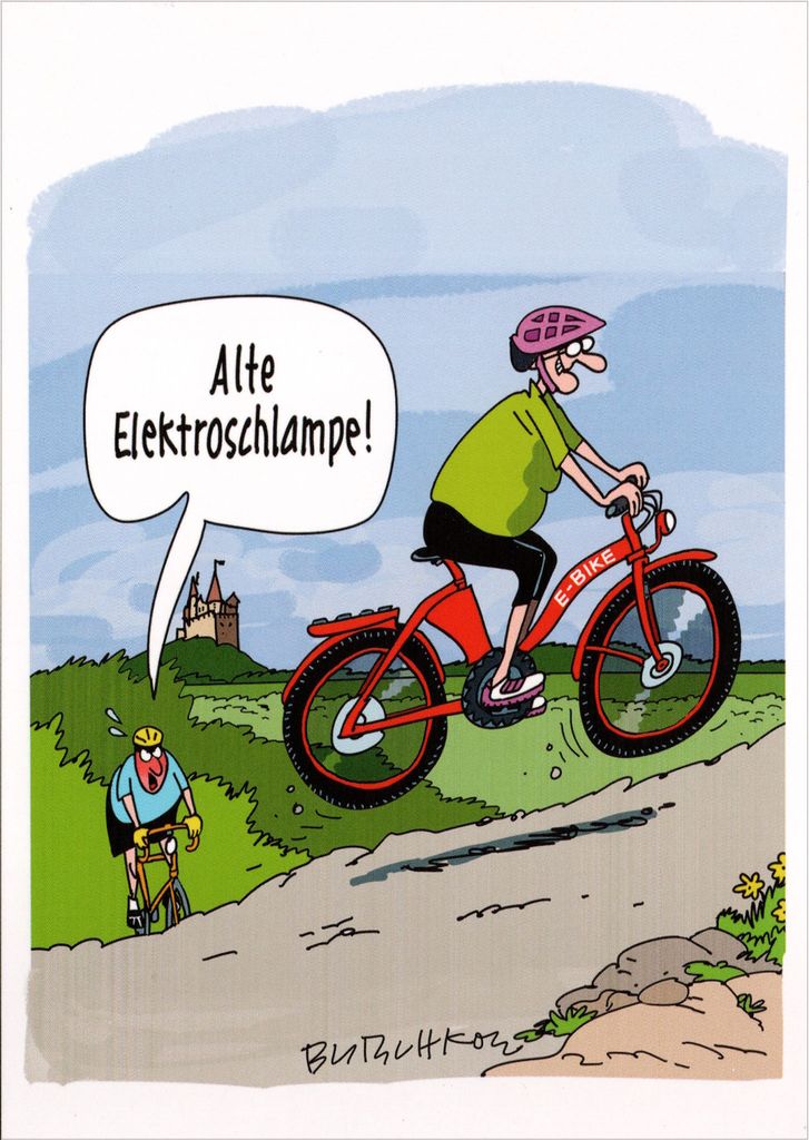 Cartoon-Postkarte Peter Butschkow "Alte Elektroschlampe!"