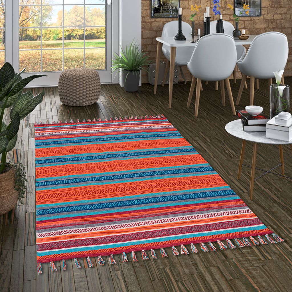 Baumwolle Natur Teppich Grace Türkis Terrakotta, Größe:120x180 cm