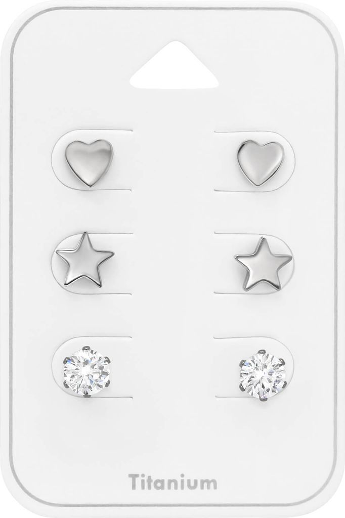 Titan Ohrringe Ohrstecker Set mit Herz, Stern und Zirkonia