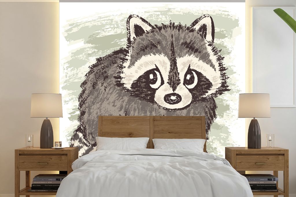 MuchoWow Fototapete für Wohnzimmer oder Schlafzimmer Wandtapete Vinyl Motivtapete Illustration eines Waschbären gezeichnet - 260x260 cm - Papie...