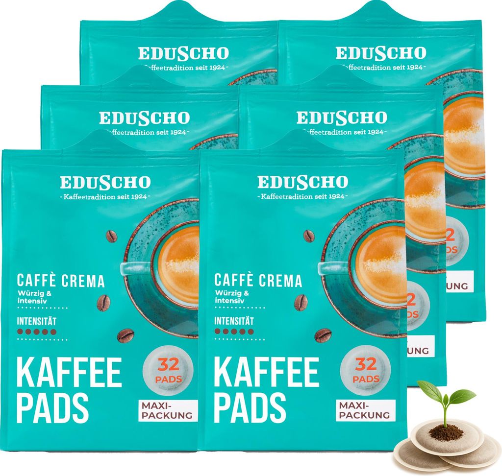 Eduscho Kaffeepads Vorratspack Maxi Packung, Caffè Crema, 192 Pads – 6 x 32 Pads, würzig, intensiv, für alle Pad Maschinen, industriell kompos...