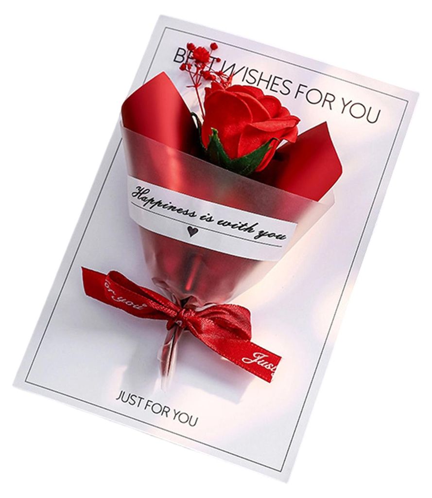 Handgefertigte Grußkarte mit Mini-Blumenstrauß, getrockneten Schleierkraut-, Sonnenblumen- und Seifenrosenblüten – ideal für Valentinstag, Fr...