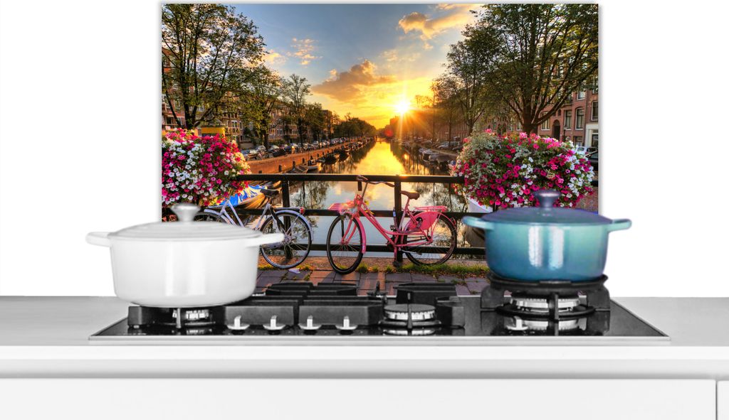 KitchenYeah Spritzschutz Küche - Küchenrückwand - Wandschutz für Herd und Spüle - Amsterdam - Blumen - Brücke - Fahrrad - Sonnenuntergang 6...
