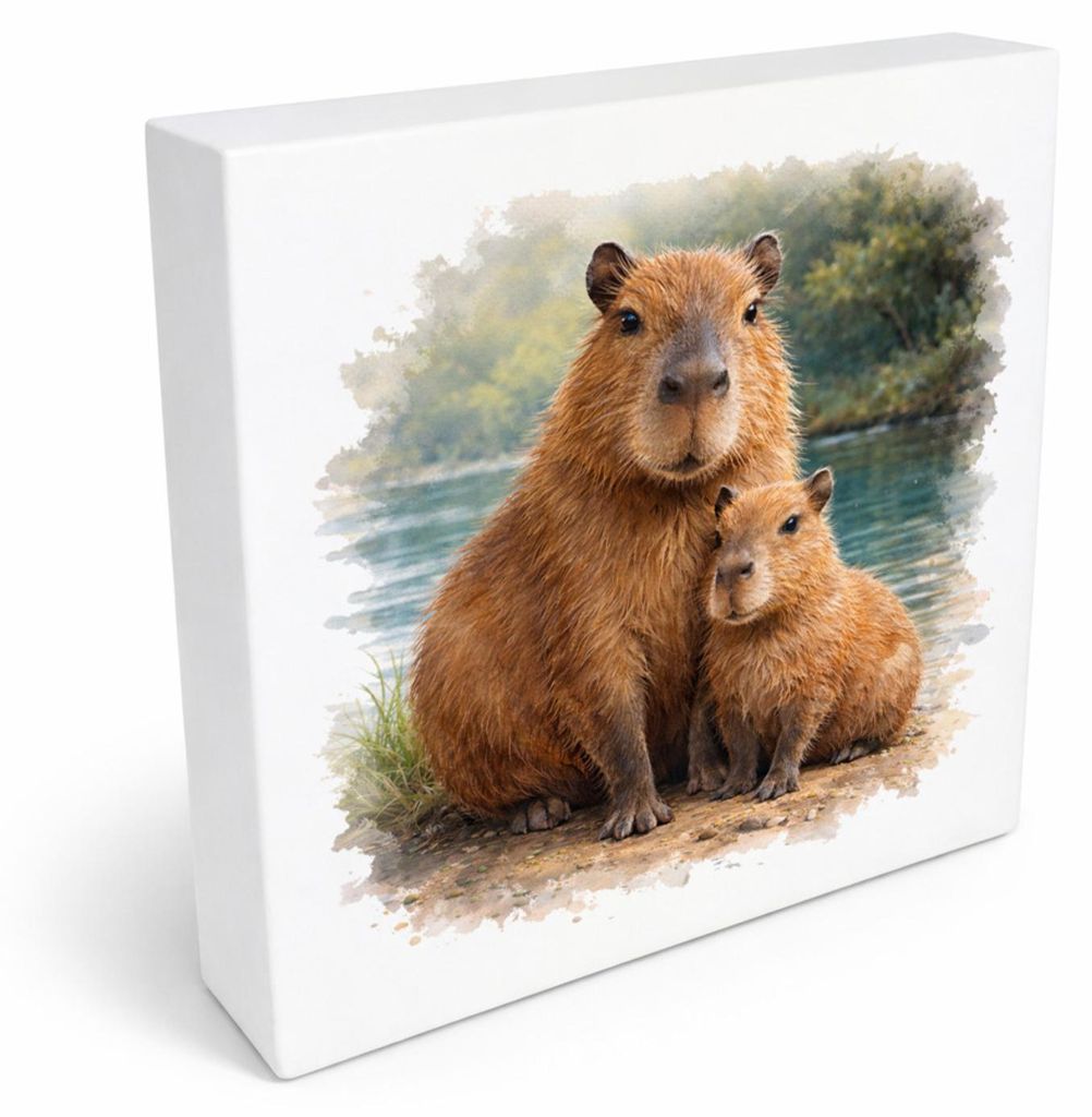 Capy Moments Capybara mit Jungem Holzbild in 20x20 cm zum Stellen oder