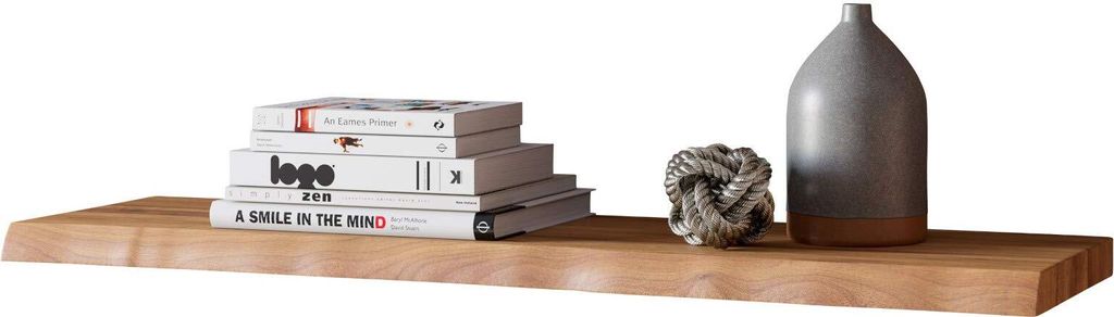 Wandregal SUVA, Akazienholz massiv, naturfarben & lackiert, Holzregal mit Baumkante, 100 cm Regal