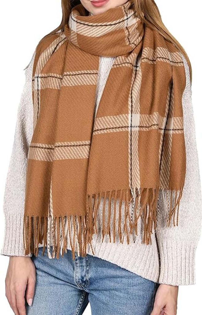 MODFU Schals, Gestreifter Karomuster Kaschmir-Imitat Schal, Weich, Warm & Vielseitig als Schal oder Poncho – Perfekt für Herbst und Winter, Braun