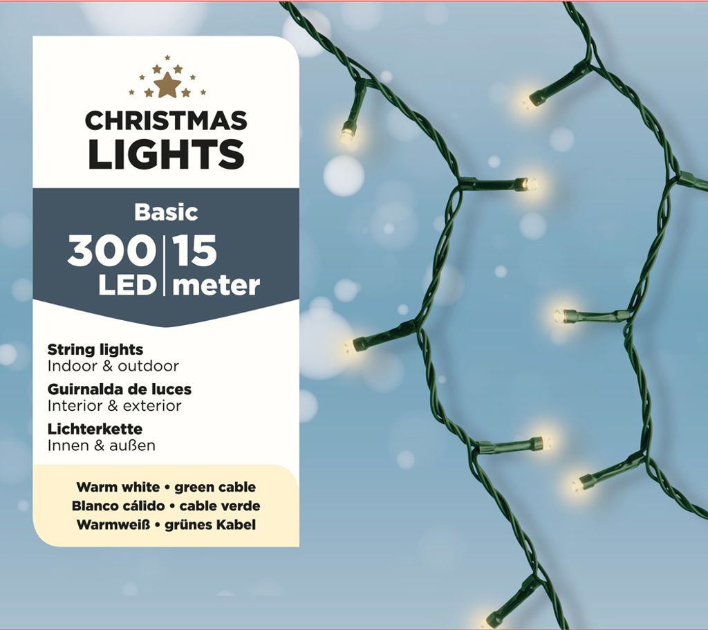 A close-up of green string lights with warm white LEDs against a blurred blue and white background, with a product information panel on the left.