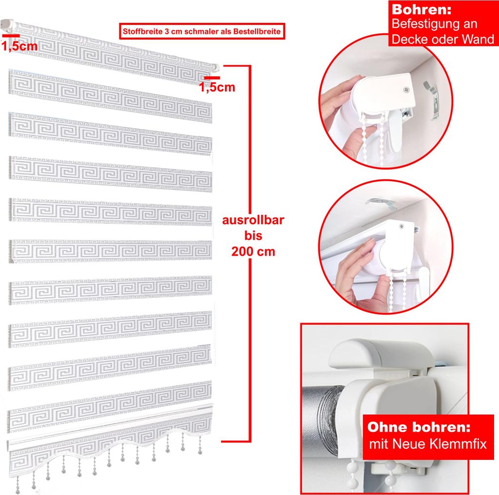Diagrams showing how to install a roller blind, with measurements and feature callouts.