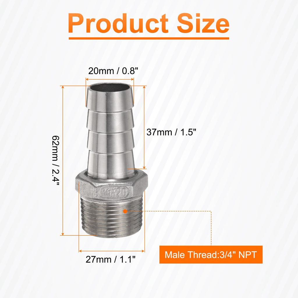 Edelstahl Schlauchstutzen 20mm Schlauchstutzen x 3/4" NPT M?nnlich Rohrverschraubung Reduzierstš¹ck Rohrfitting Kupplung Gewindeverbinder Adapter...