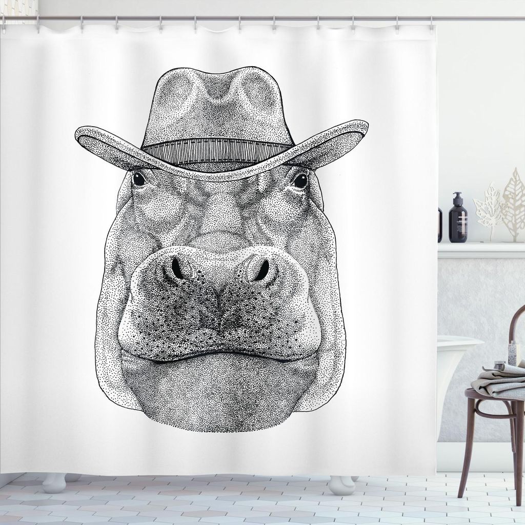 ABAKUHAUS Nilpferd Duschvorhang, Behemoth Tierfigur mit Cowboyhut Wilder Westen inspiriert handgezeichnete Bild, 175 x 180 cm, Schwarz und weiß