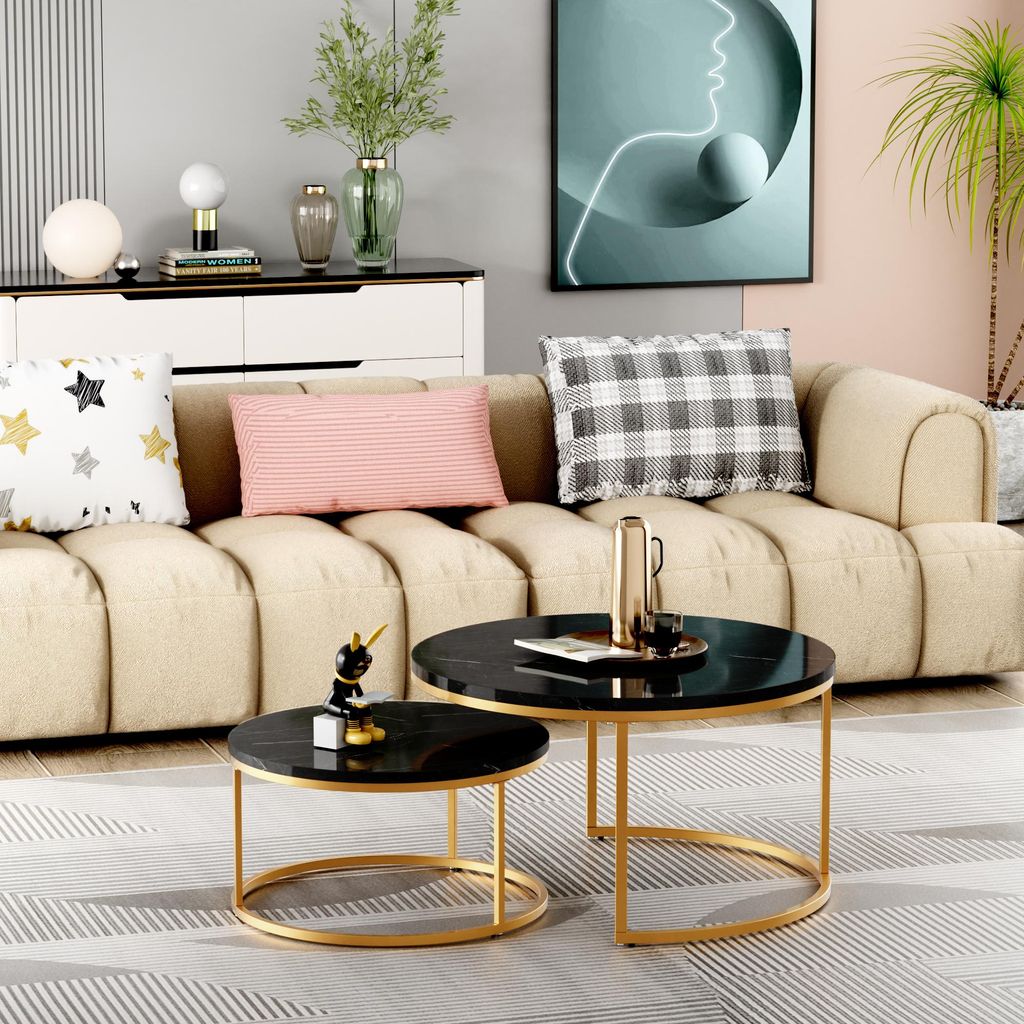 STILVORA 2er Set Couchtisch Satztisch Schwarz, Beistelltisch mit stabilem Eisenrahmen & MDF Tischplatte, stapelbarer Sofatisch mit verstellbaren F...