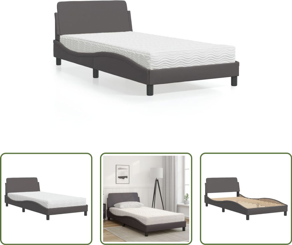 The Living Store Bett mit Matratze Grau 100x200 cm Kunstleder