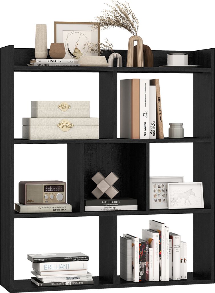 A black wooden bookshelf filled with decorative items and books.