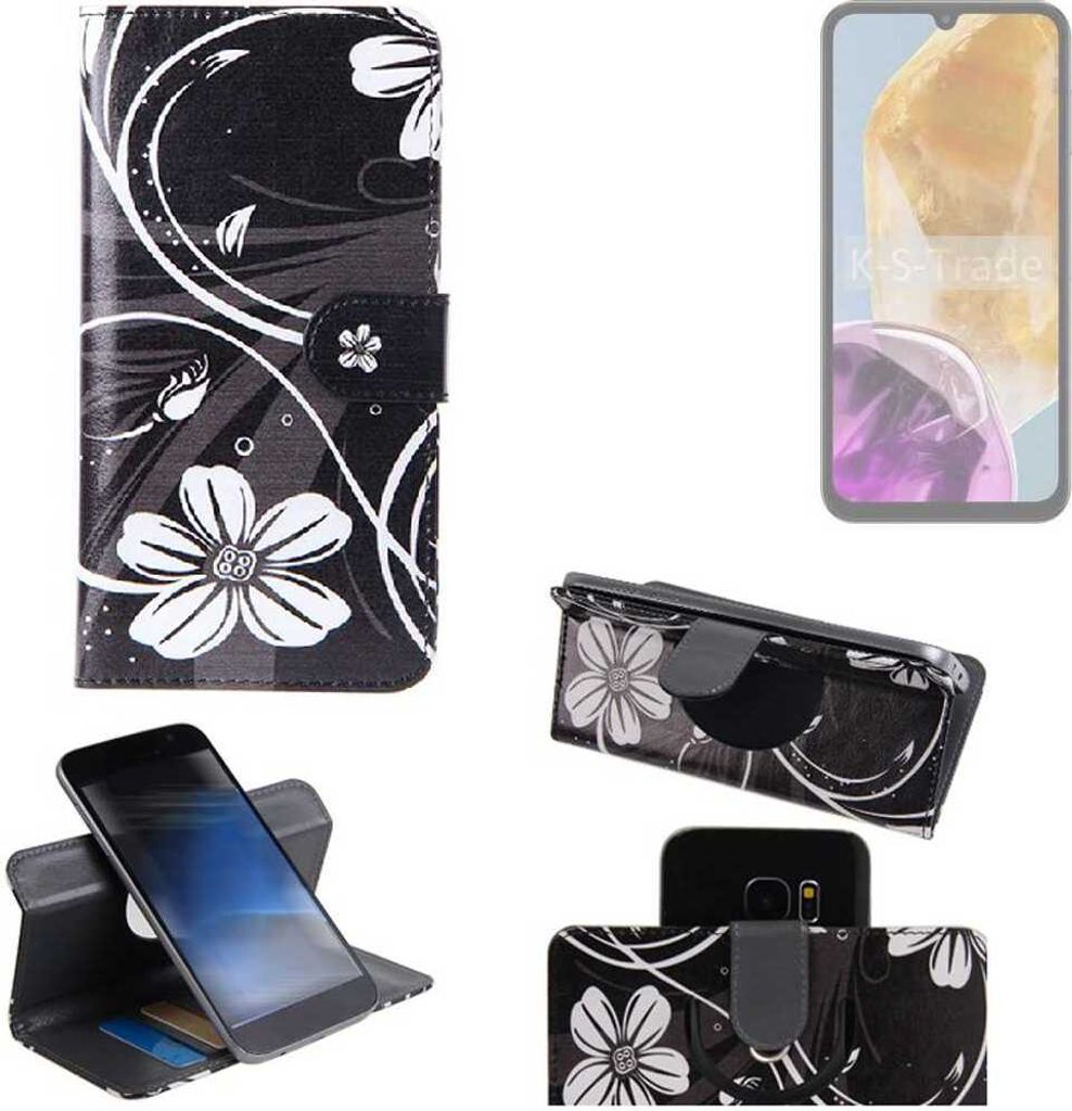 K-S-Trade Schutzhülle Handyhülle kompatibel mit Samsung Galaxy M15 5G Prime Hülle 360° Wallet Case “Flowers“ Klapphülle Hülle schwarz-weiß