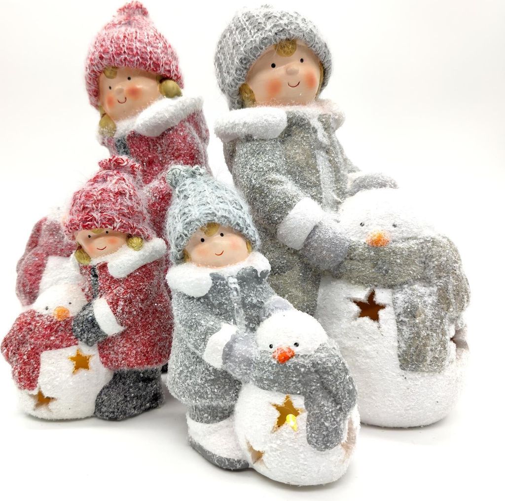 Winterkinder Mädchen und Jungen mit LED Schneemännern 16cm Produktbild 