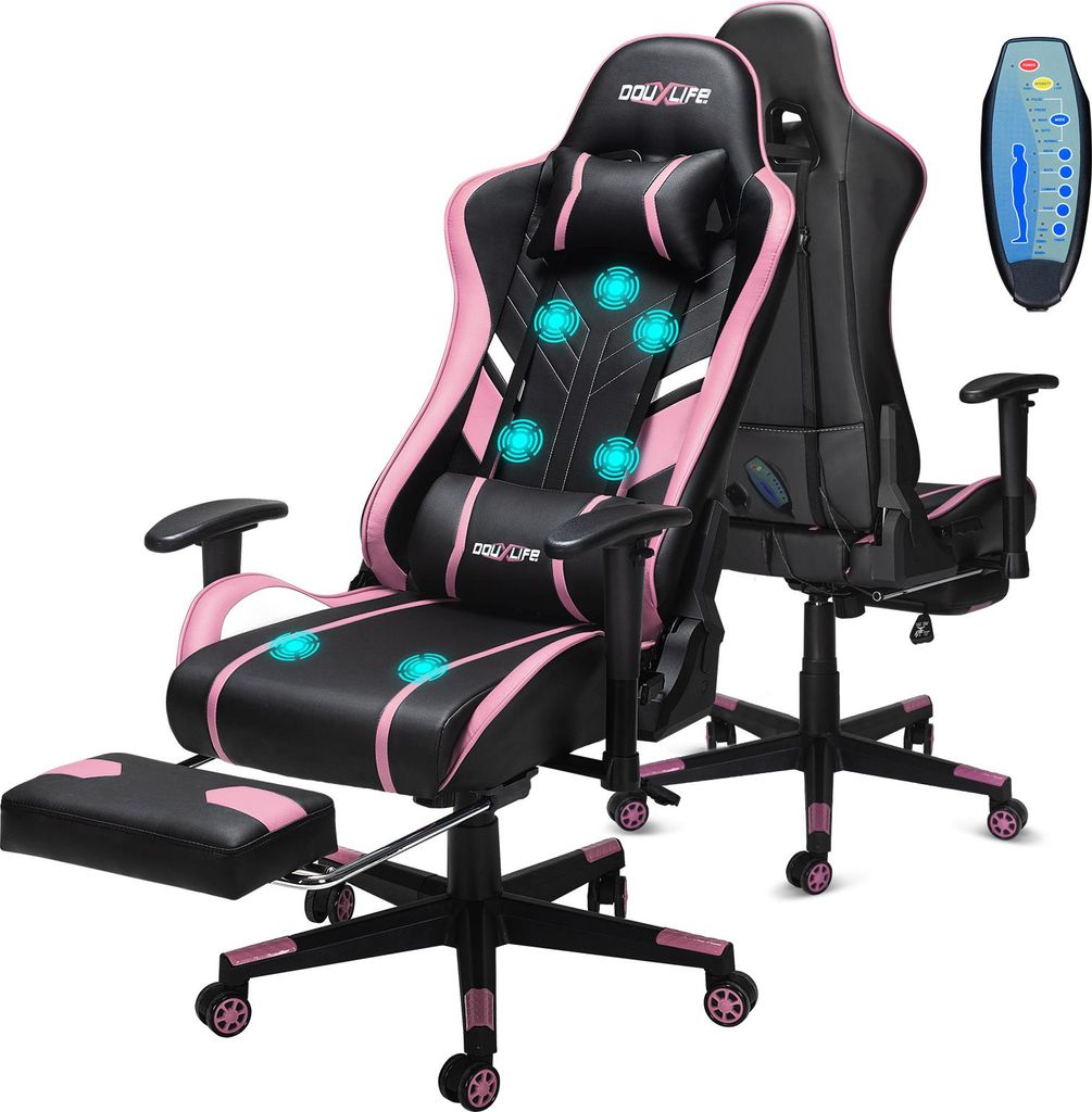 Douxlife Gaming Stuhl, mit 7 Punkt Massage, Fußstütze, Ergonomischer Bürostuhl, 90-175° Rückenlehne Einstellbar, PC Gamer Stuhl bis 180KG, Pink