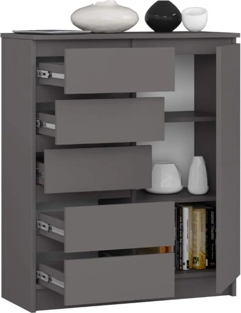 Meuble de Couloir Gris 5 Tiroirs Commode étroite 35 cm de Profondeur