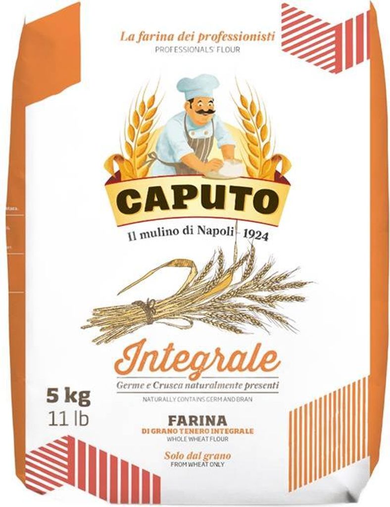 A bag of Caputo flour with branding and product information.