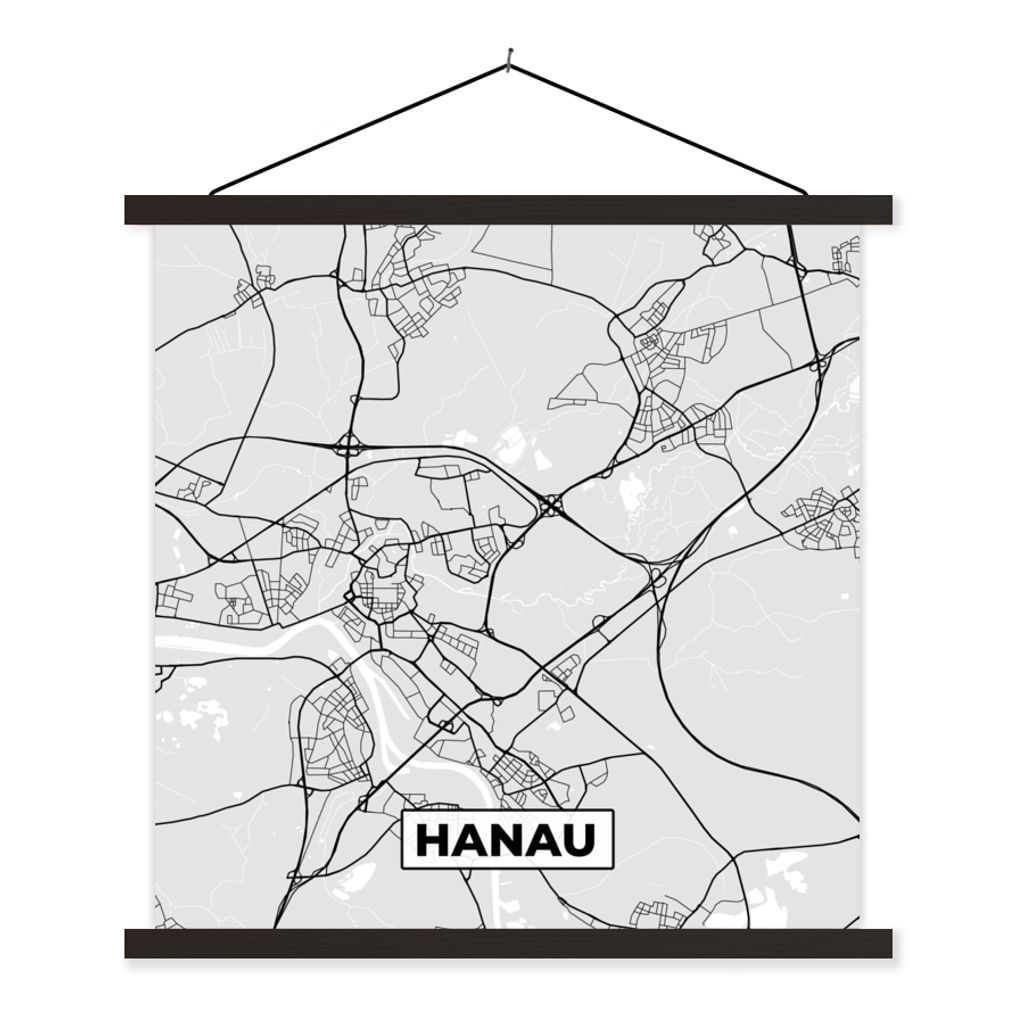 MuchoWow Textilposter Karte - Hanau - Karte - Deutschland 60x60 cm mit schwarzem Rahmen - Posteraufhänger