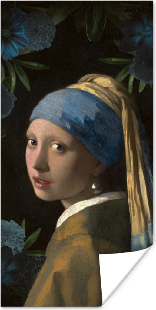 MuchoWow Poster Mädchen mit einem Perlenohrring - Blumen - Blau 40x80 cm - Dekoration