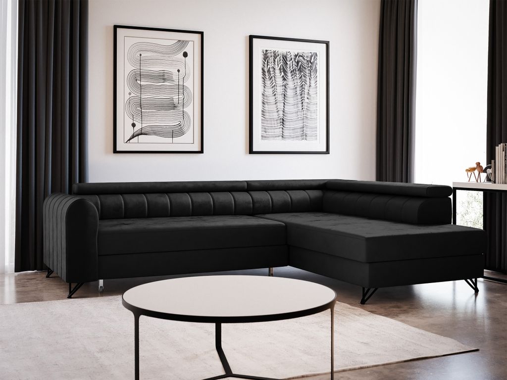 Ecksofa Alice mit Schlaffunktion und Bettkasten, Wohnlandschaft mit einstellbare Kopfstützen, Couch, Sofa, Bettsofa, Schlafsofa (Schwarz (Kronos 0...