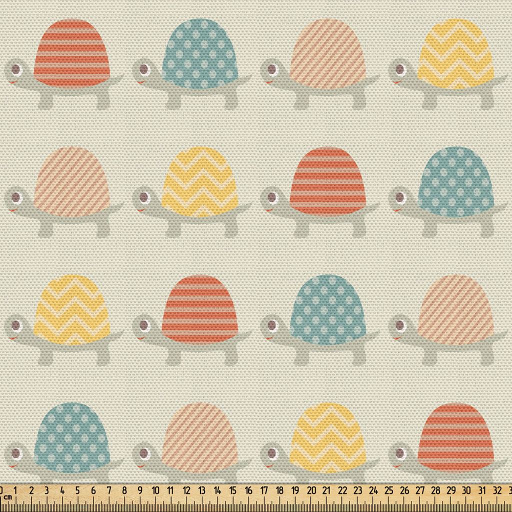 ABAKUHAUS Schildkröte Gewebe als Meterware, Glückliche Schildkröten mit Hand gezeichnete Muster von Tupfen Chevron Zickzacke und Streifen, 10 M ...