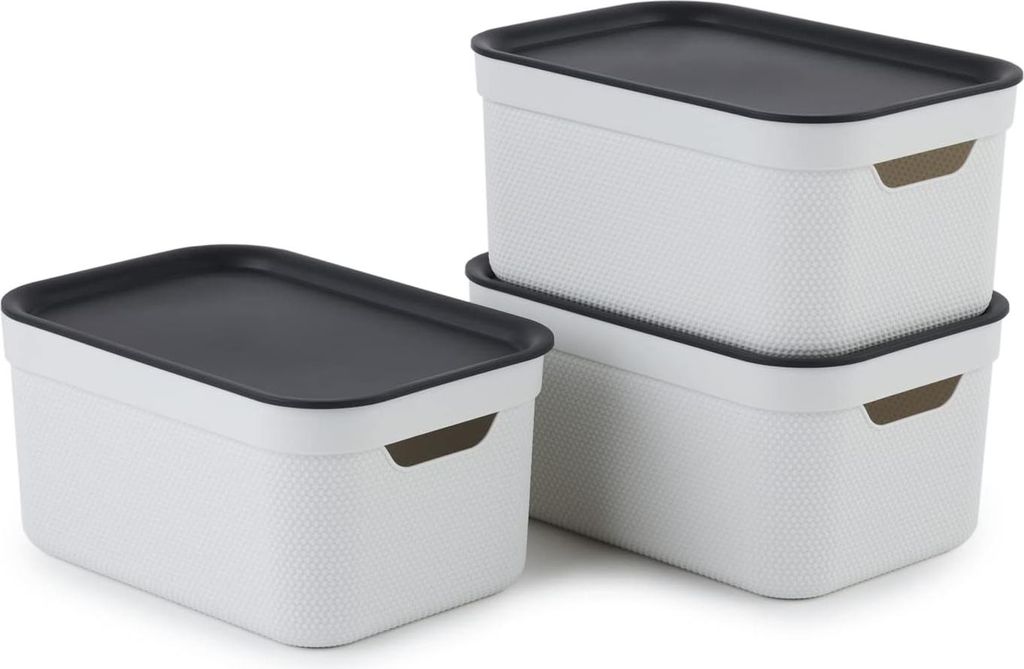 Dekobox Set von 3 Aufbewahrungsboxen 5l mit Deckel - Kunststoff - Weiß/Anthrazit - 3x5l - 26,5 x 18,5 x 13,2 cm