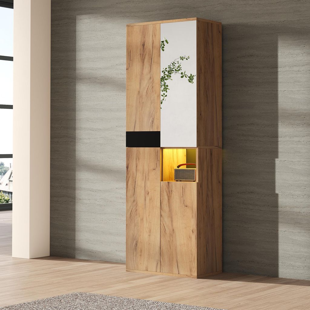 Merax Vitrinen mit Spiegel, 4 Türen, 11 Fächer, 1 Offenes Staufach, Hochschrank, Stehend Vitrinenschrank für Wohnzimmer, 65×35×190 cm, Schwarz...