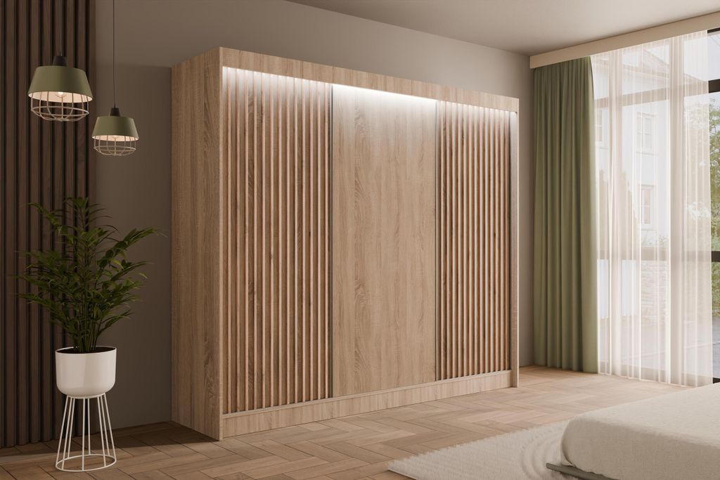ALTDECOR Kleiderschrank mit Lamel-Schiebetüren, Führungsschienen und Aluminium- Leisten, LED-Beleuchtung und Fernbedienung - VILANv2 - 250 cm Son...