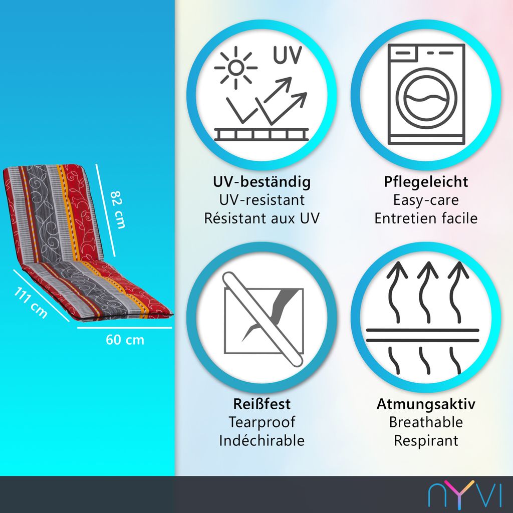 NYVI Liegenauflagen Hawaii 6er Set - 193x60 cm Orange Gelb Weiß Gestreift - Gartenmöbel Auflage mit 5 cm Polster und Gummi-Halteband
