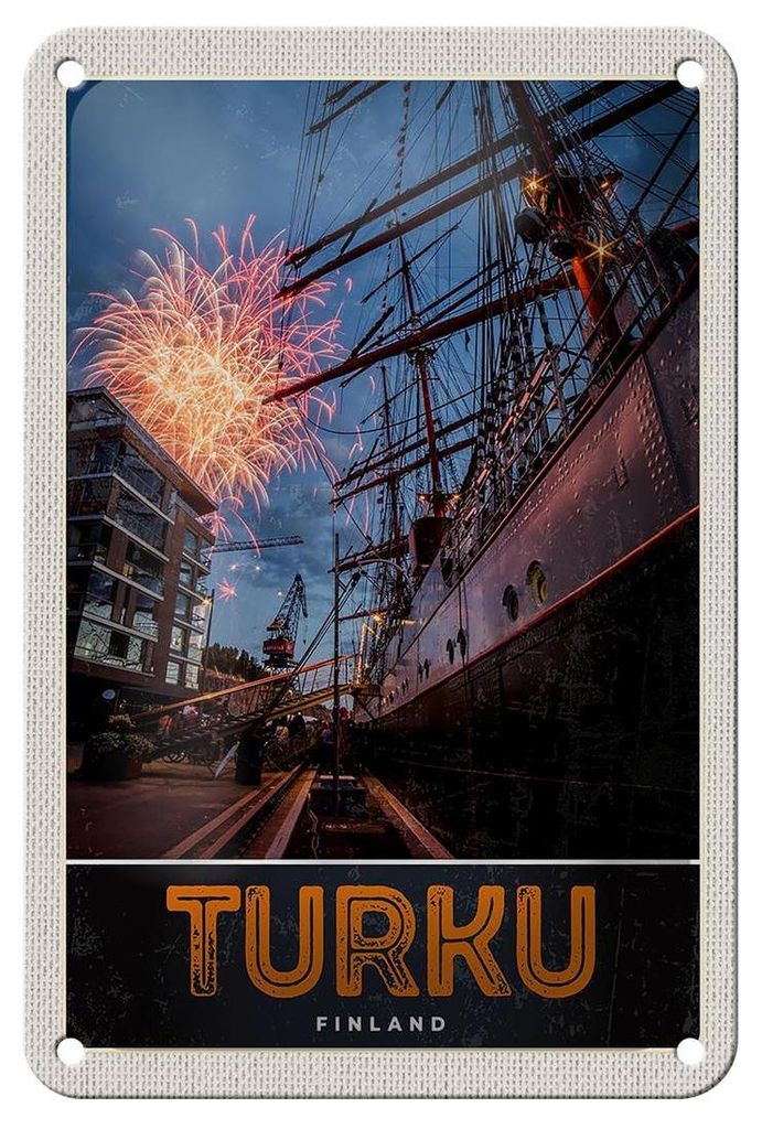 Blechschild Reise 12x18cm Turku Finnland Schiff Feuerwerk Urlaub Schild