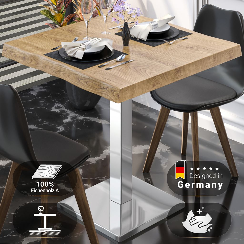 PMD | Bistro Baumkanten Tisch | Quadratisch | 70 x 70 x 77 cm | Eiche / Edelstahl | Bistrotisch Gastro Tisch