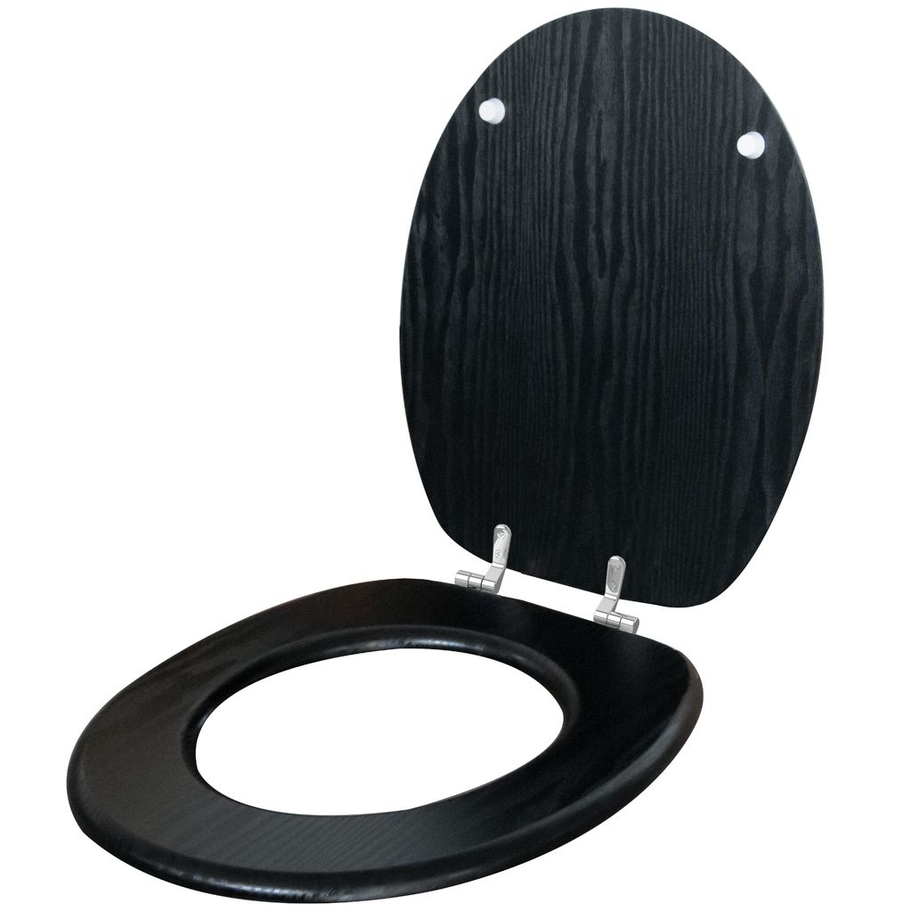 A black wooden toilet seat and lid are shown open against a white background.