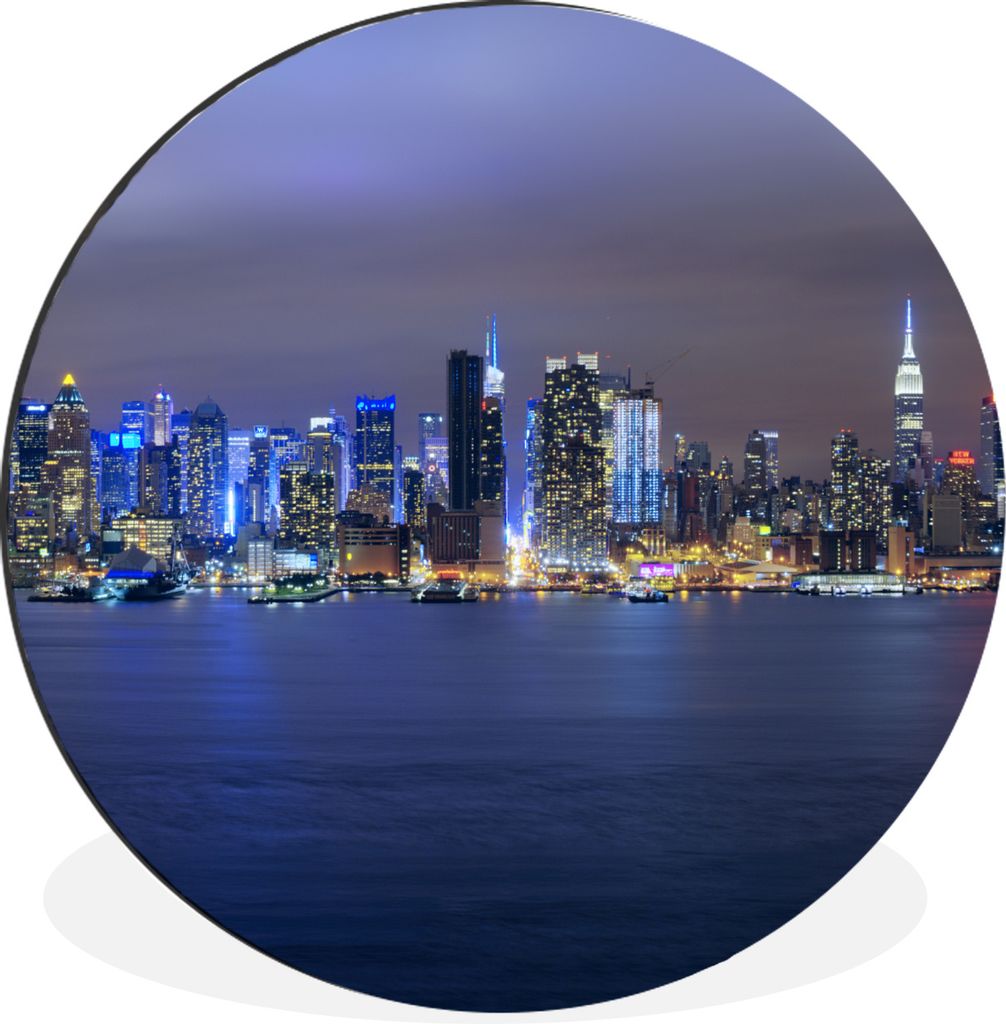 MuchoWow Aluminium Wandkreis New York - Skyline - Nacht Ø 60 cm Wanddeko Modern Wohnzimmer - Wand Kreis - Wandbild - Schlafzimmer - Aluminium Bi...