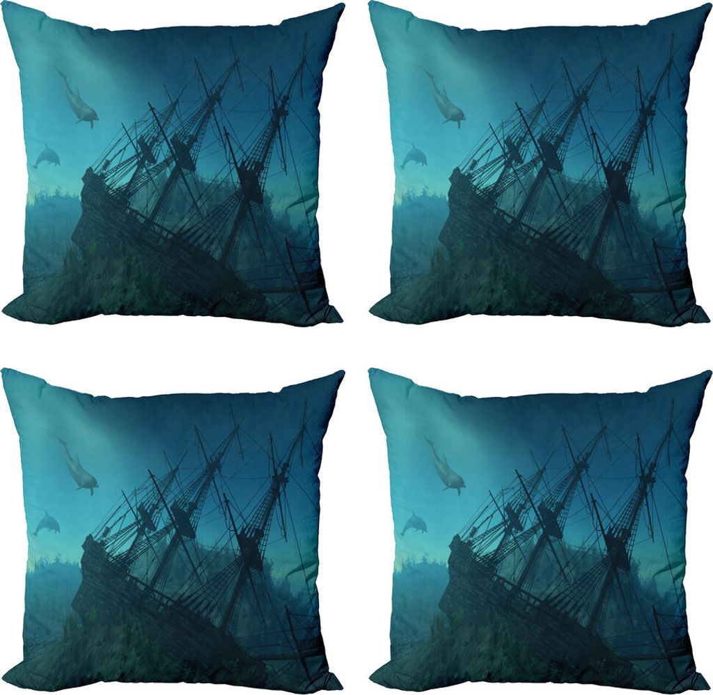 ABAKUHAUS Nautisch Kissenbezug Set (4 Stück), Dolphins Schiff Sea, Moderner Doppelseitiger Digitaldruck, 50 cm x 50 cm, Schiefer-Blau Hellblau