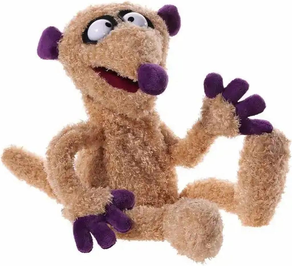 A plush hand puppet with beige fur and purple accents.
