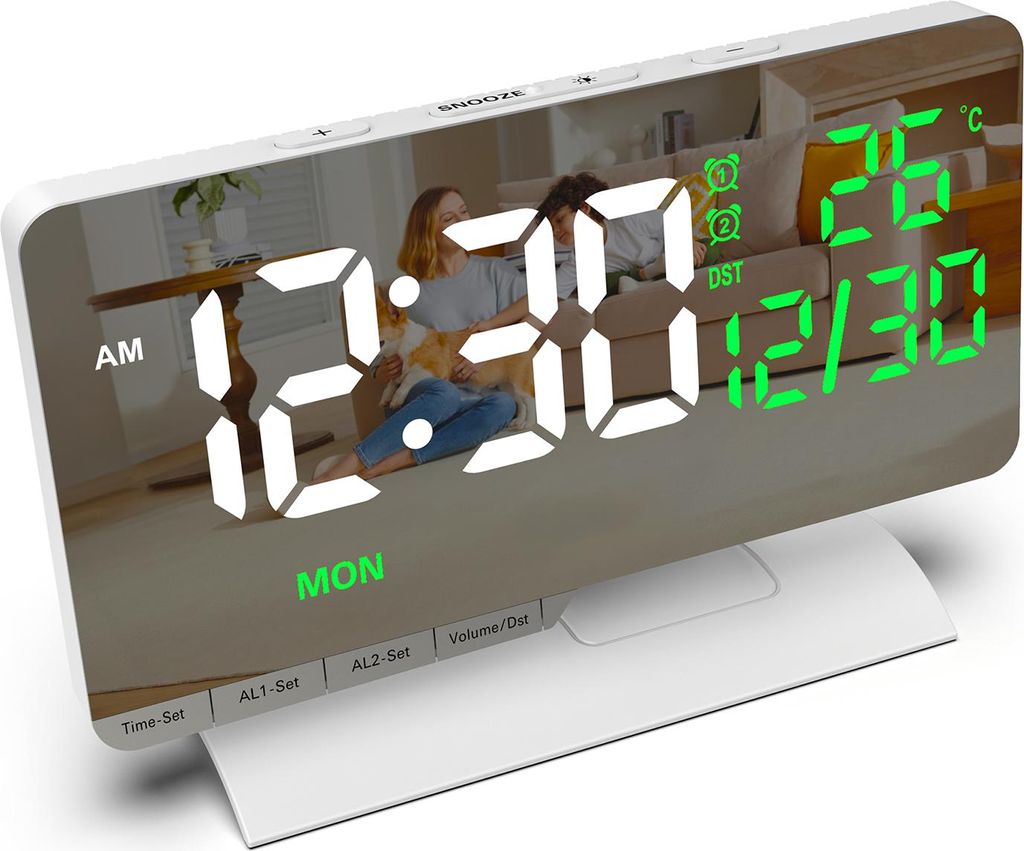 6.6" großes Display, digitale Tischuhr, Doppelwecker mit Innentemperatur/Datum, USB/Type-C-Ladeanschluss, 6-stufiger Dimmer, 5 Lautstärkestufen,