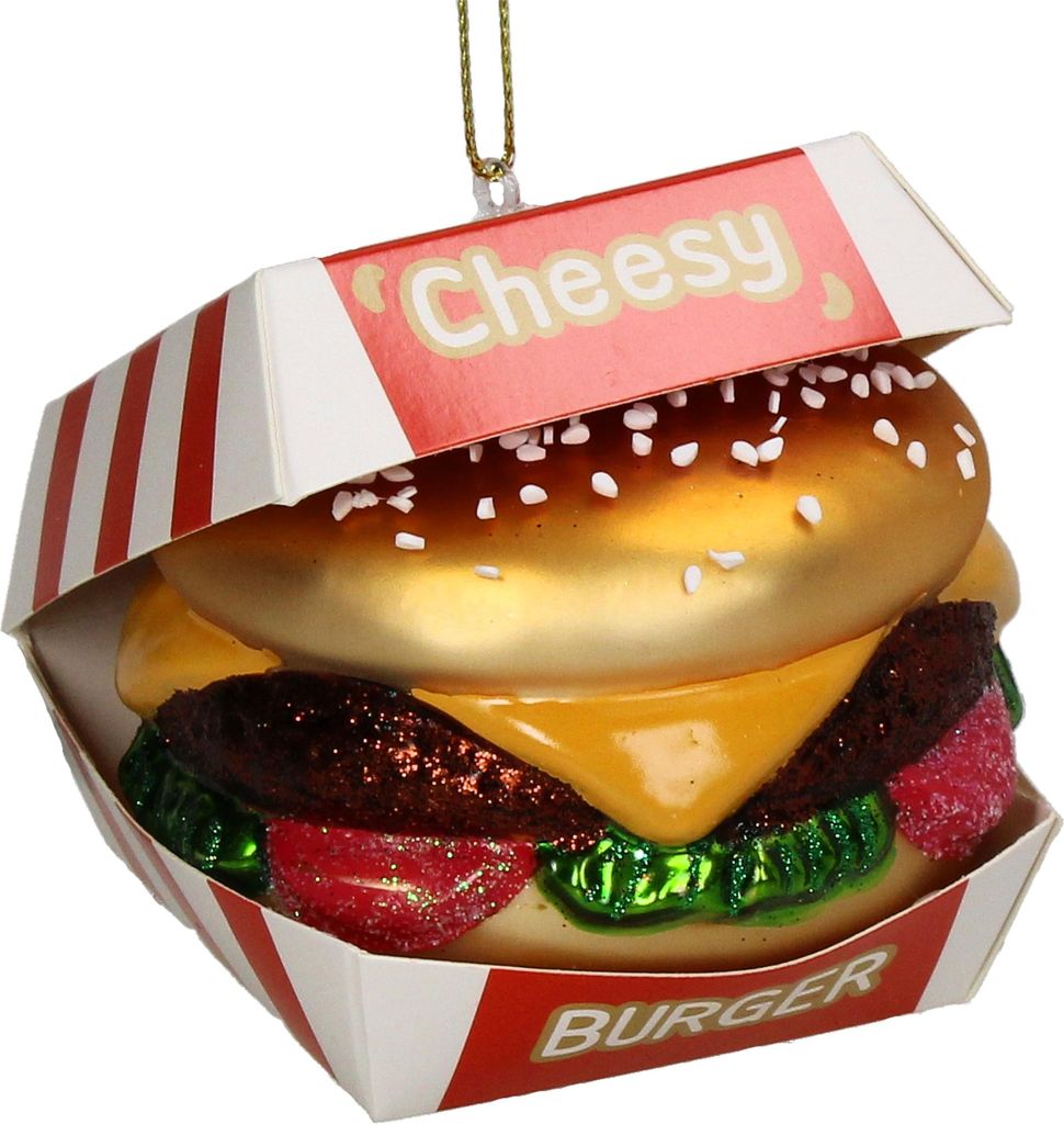 Christbaumschmuck Glas 8cm Cheeseburger Figur - Gold Rot Weiß