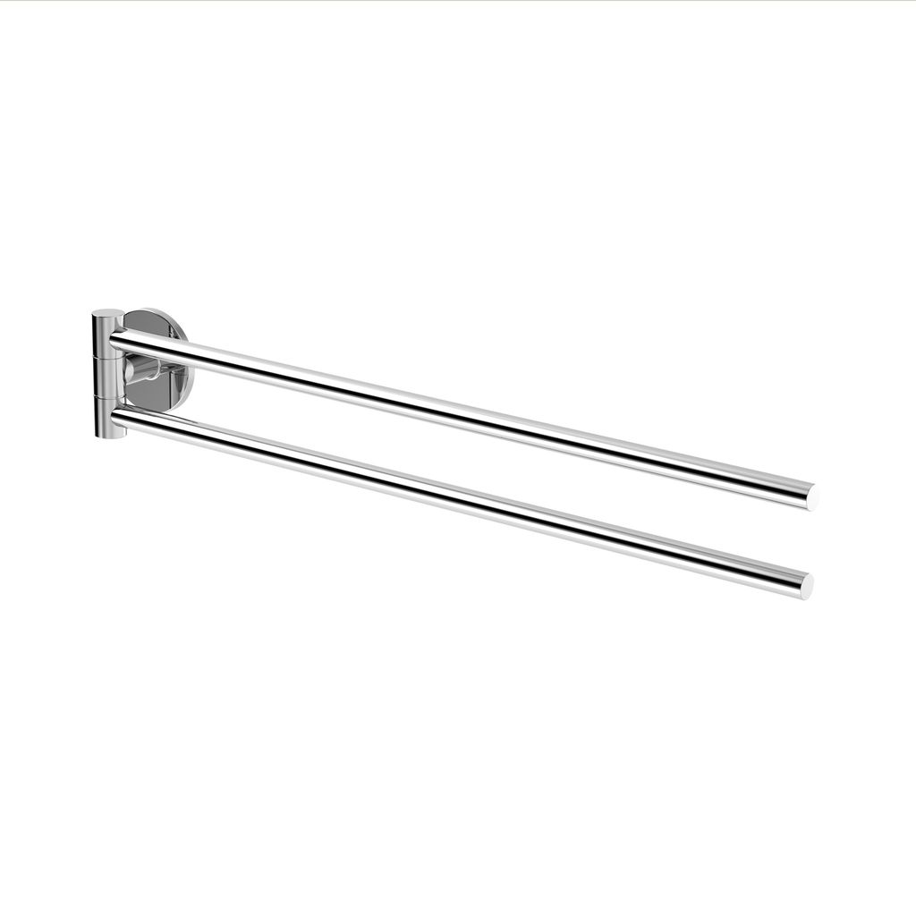A chrome double towel rack mounted on a white background.