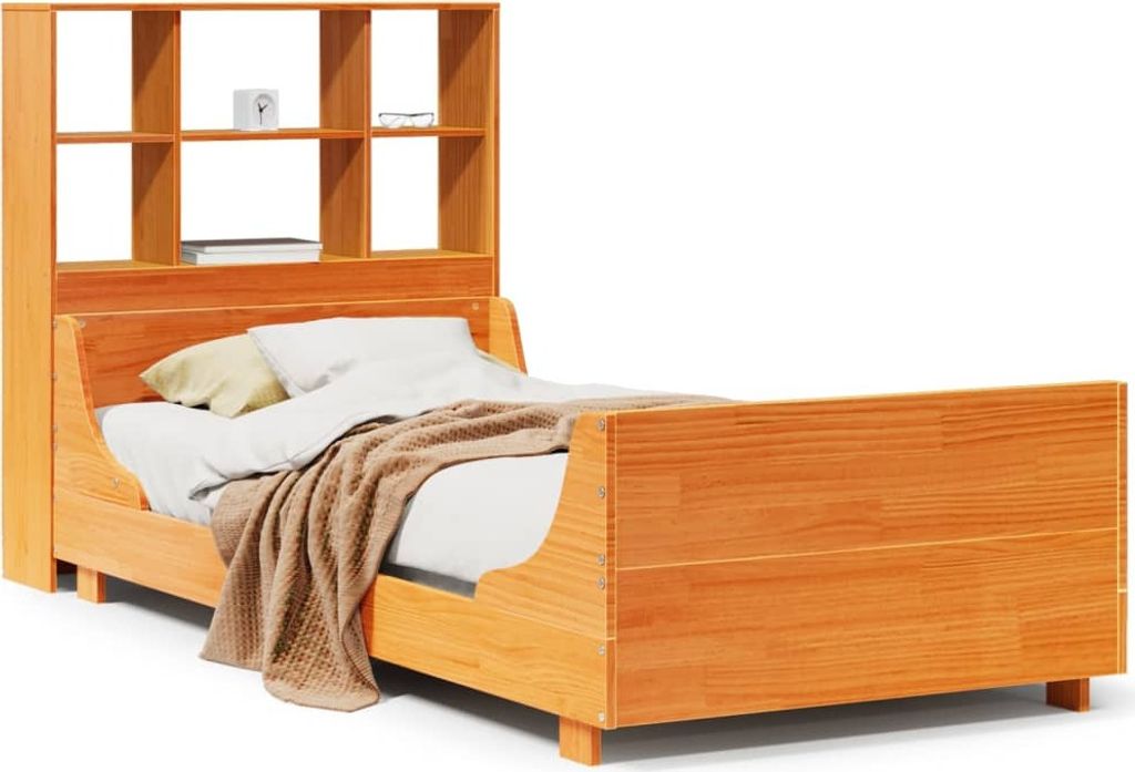 "2026 Aktion"Bettgestell/Massivholzbett - Einzelbett/Jugendbett mit Lattenrost - mit Regal ohne Matratze - Wachsbraun 75x190cm - Klassische Betten ...