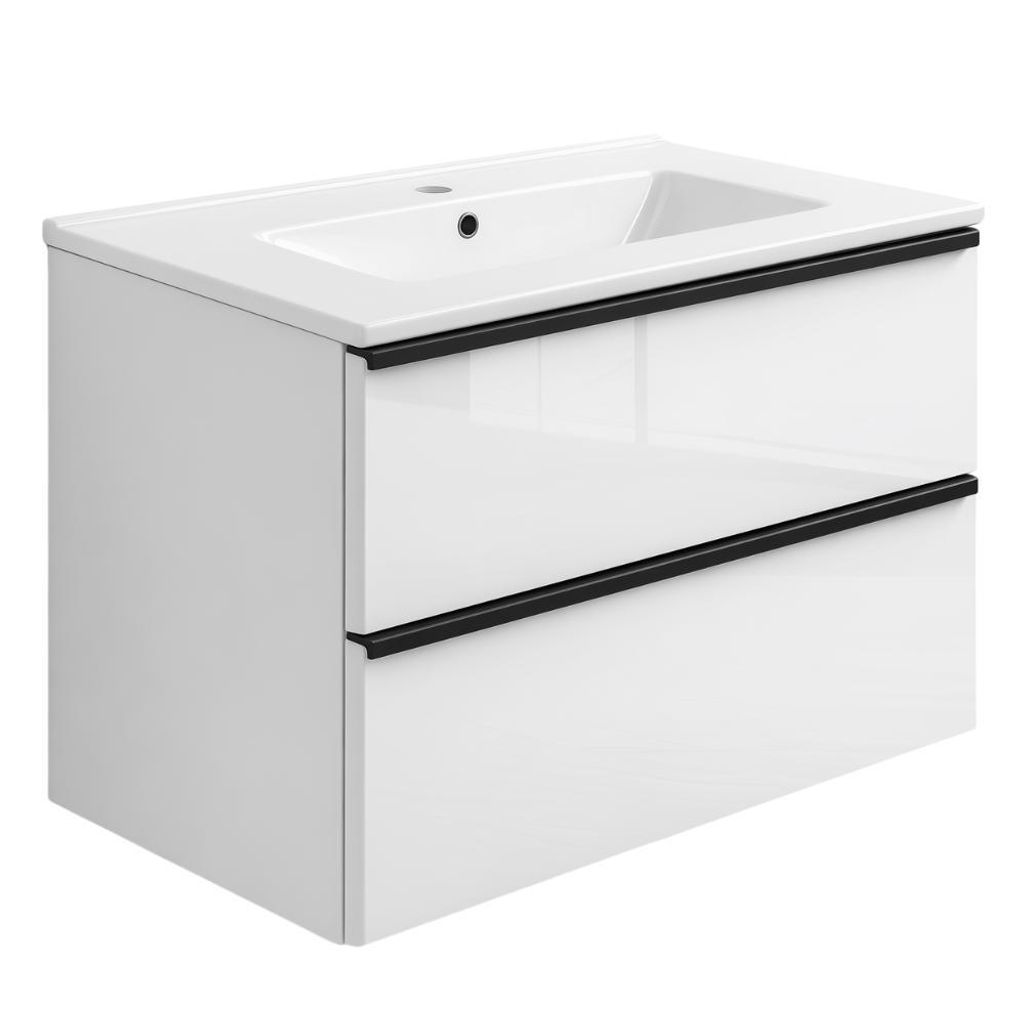 Waschbecken mit Unterschrank ONE mit Waschbecken 2 große Schubladen Weiß Hochglanz 80x50x46 hängend Badmöbel schwarze Griffe Badezimmermöbel