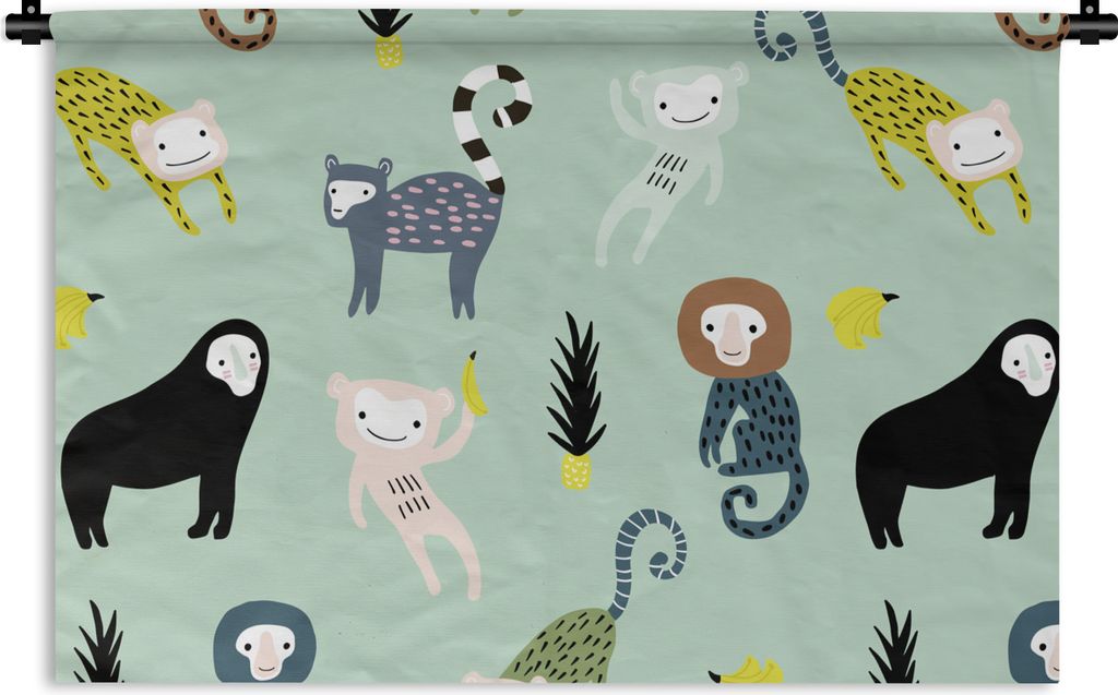 MuchoWow Wandteppich Wandbehang Affe - Obst - Pastell 120x80 cm Tapisserie Dekoration Wandtuch - Wanddekorationen - Wandtücher