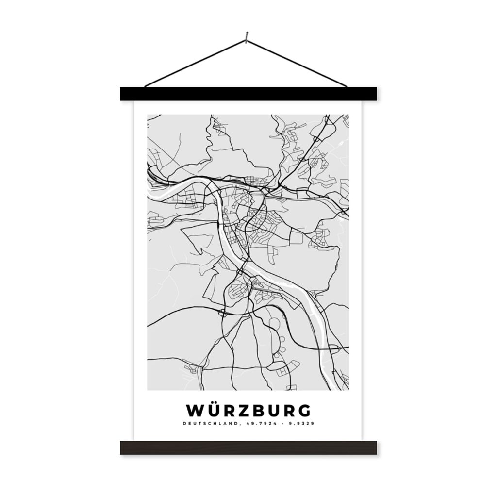 MuchoWow Textilposter Deutschland - Stadtplan - Würzburg - Karte 120x180 cm mit schwarzem Rahmen - Fotos
