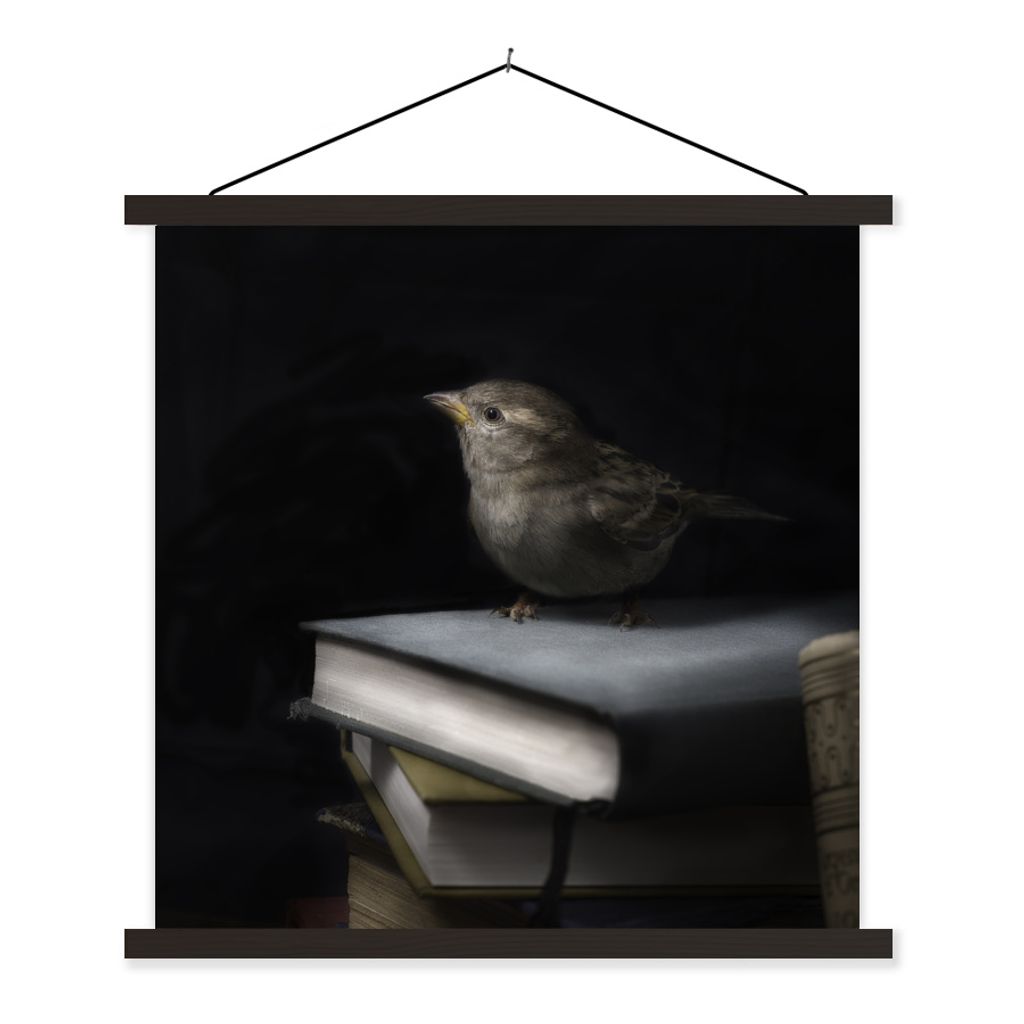 MuchoWow Textilposter Vogel - Bücher - Porträt 90x90 cm mit schwarzem Rahmen - Magnetisches