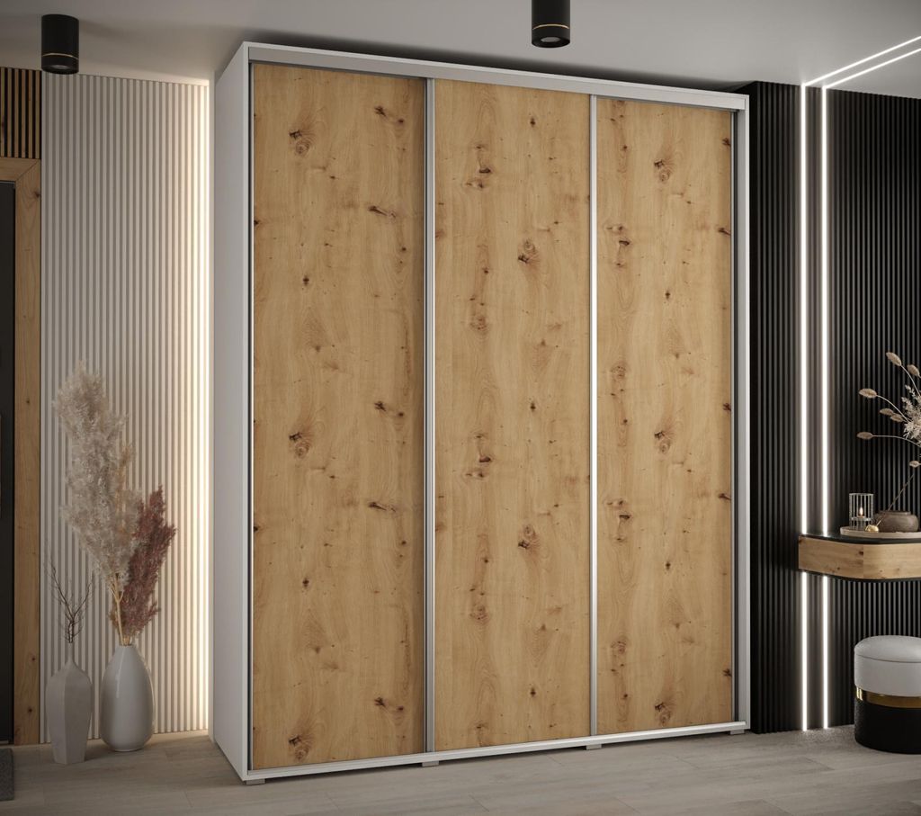 Kleiderschrank YVONA 1 - 200/45 cm, weiß / Eiche handwerklich / silber