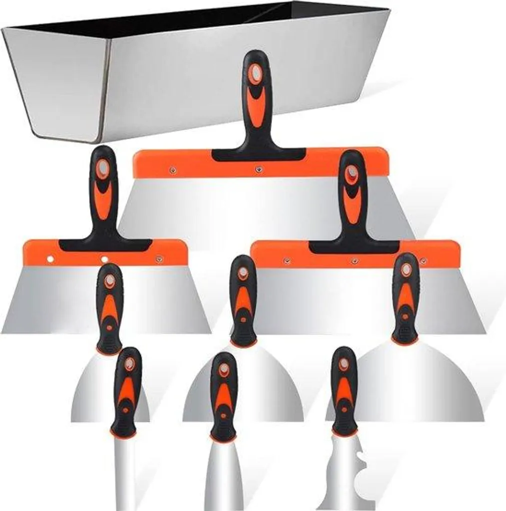 Kit de lissage complet : 10 couteaux à enduire 35 cm inox avec bac